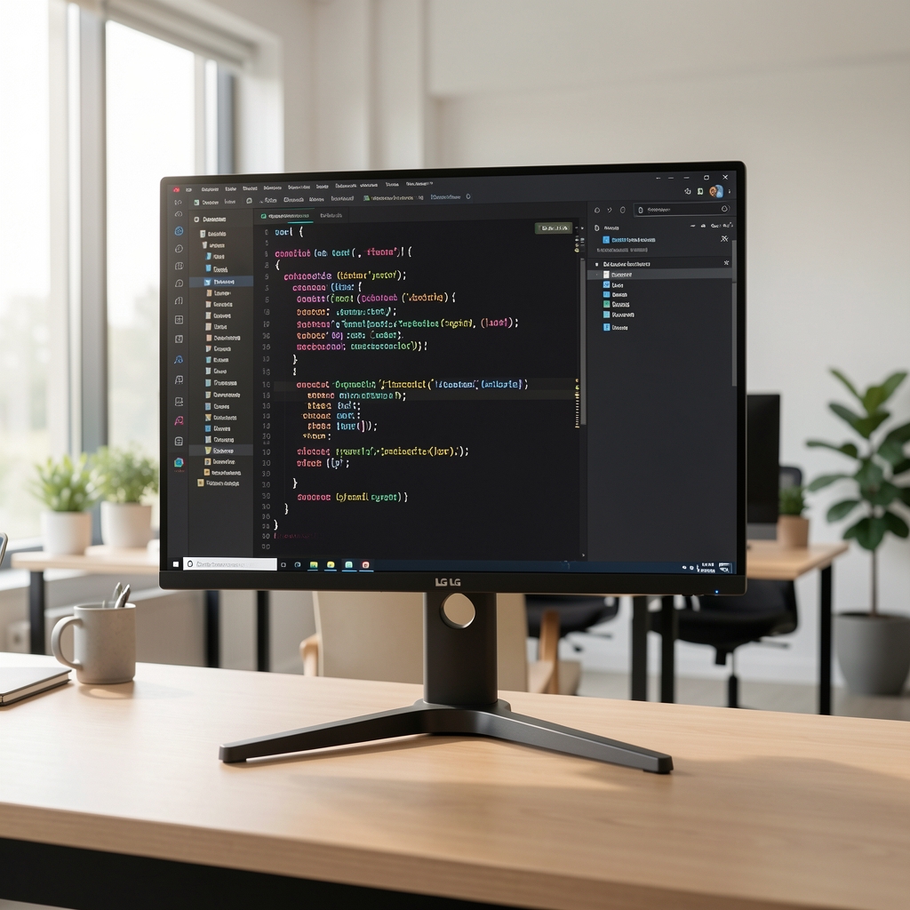 Monitor LG UltraSharp 27 inch 4K pe suport ErgoStand ajustabil la înălțime, afișând cod Python în VS Code pe fundal de birou modern cu iluminare naturală